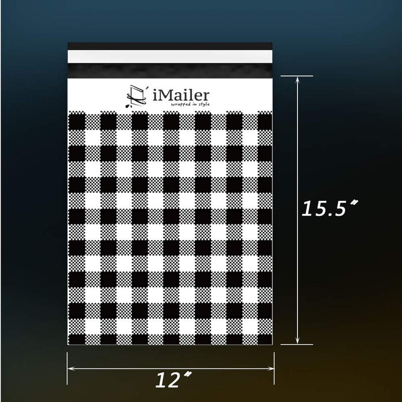 iMailer 100 قطعة - 12 × 15.5 بوصة، ظرف شحن بولي أسود بنمط غينغهام، أكياس شحن مع شريط إغلاق ذاتي - Image 2
